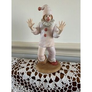 Vintage 1987 Enesco Porcelain Clown Figurine Sad Pierrot Mime Pink White